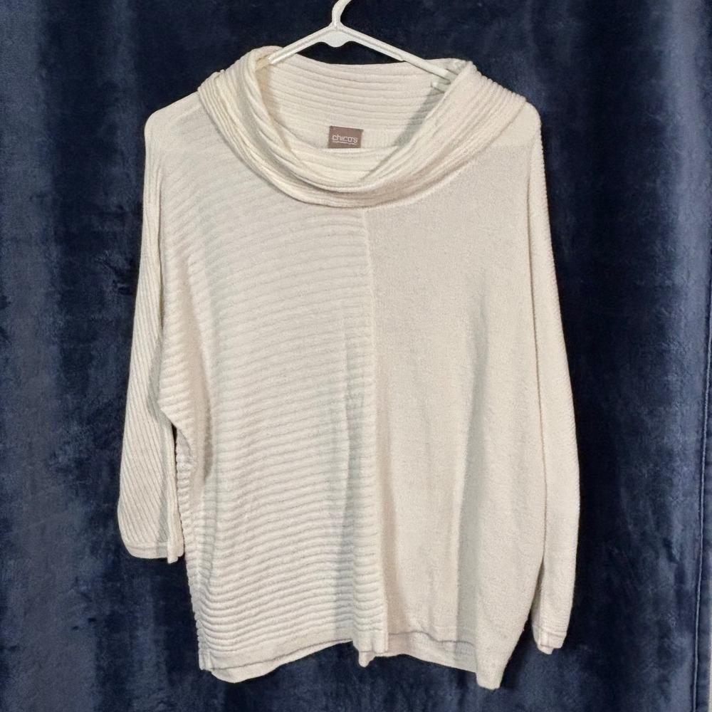 Chicos Cream Cowl Neck Sweater Womens Size 1 Mixed Knit Ribbed Pullover Ivory